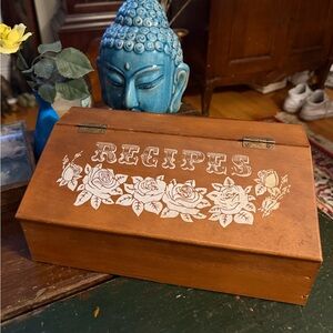 Vintage large wooden recipe box with white rose details